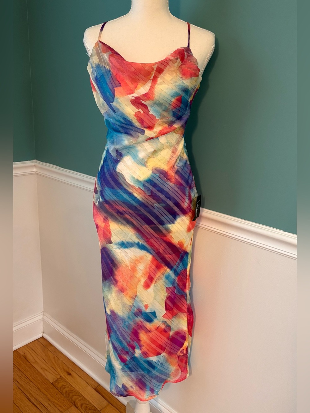 Lulus Watercolor Mesh Midi Maxi Dress XS Open Back Y2K Fairycore Cowl Neck